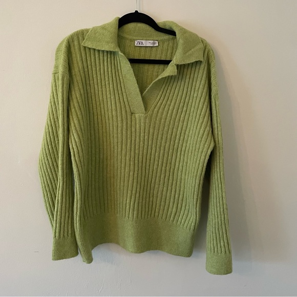 Zara Ribbed Knit Green Sweater Collar - Picture 3 of 6